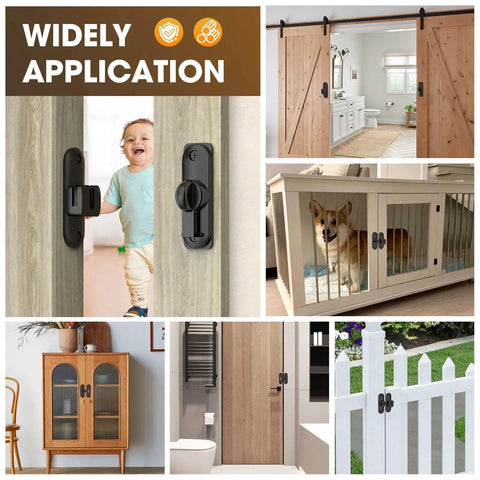 Collage showing 90/180 Degree Barn Door Lock And Latch in Zinc Alloy Black Finish on various doors and gates.