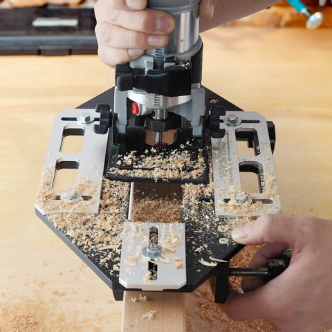 DIY Ready Door Hinge Jig For Woodworking Aluminum Alloy Hole Opener And Slotting Locator in use on wooden board