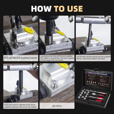 Step-by-step guide for using Metric M6X1.0 Thread Repair Kit With Stainless Steel Inserts, including HSS drill, tap, and counterbore.