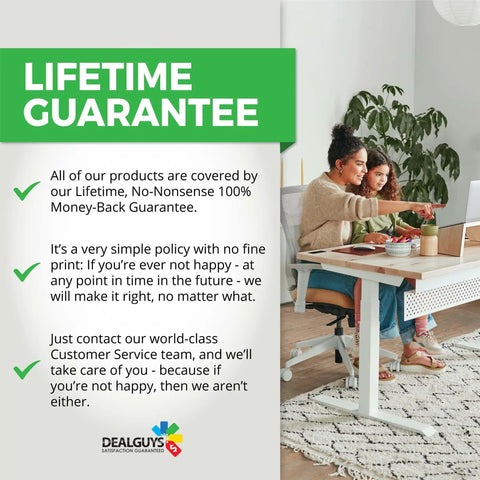 Two people sitting at a desk using a laptop, next to text about a lifetime guarantee from DealGuys.
