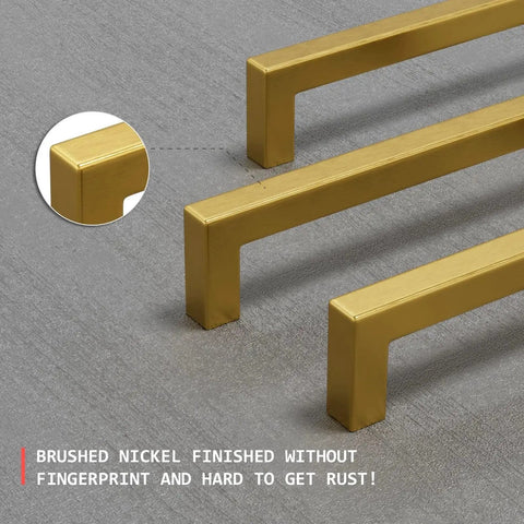 Close-up view of 5 Inch Brushed Brass Cabinet Pulls 30 Pack Square Cabinet Hardware Handles in brushed nickel finish