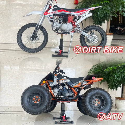 Adjustable 1200 Lb Dirt Bike Stand And Lift With Aluminum Platform holding a red dirt bike and an ATV in a garage setting