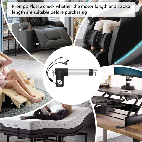 Heavy Duty Electric Recliner Actuator Replacement Kit For Lift Chairs 24V DC Motor Feikeer Compatible displayed in use on various furniture.