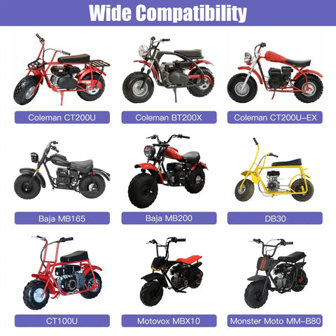 Collage image of various mini bikes and go-karts showing wide compatibility with Beefy Universal Engine Mounting Plate Replacement
