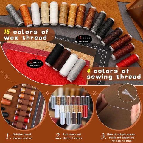 All In One Leather Tooling Kit With Cutting And Engraving Mats For Leatherworking Pro Grade Tools For Handbag Making Including Punching Stamping Sewing Sanding And Craft Supplies For Handicraft Projects showing 15 wax thread colors and 4 sewing thread colors