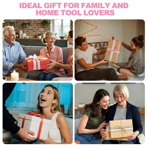 Families exchanging gift-wrapped All In One 412 Piece Home And Auto Tool Set With Drawer Organizer And Case For Women And Men