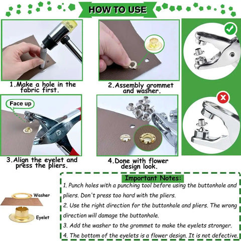 Step-by-step guide for using the 640Pcs Grommet Tool Kit With Eyelet Pliers And Washers Twelve Millimeter Inside Diameter Grommets One Half Inch Hand Punch Kit Silver And Gold Set For Fabric Upholstery Leather Craft 320 Sets