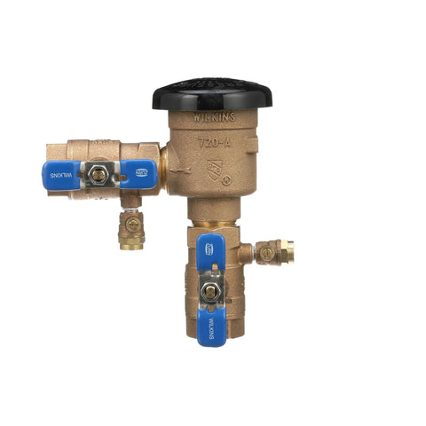 Zurn Wilkins 1-720A 1-in brass pressure vacuum breaker assembly with blue lever valves and black top cap