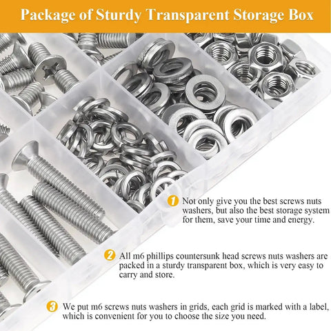 150 Piece M6 Countersunk Phillips Machine Screws Nuts Washers Set For 304 Stainless Steel Fully Threaded Assortment Kit M6 X 8/10/12/16/20/25/30mm Home DIY Projects And Quick Fixes displayed in a storage box.