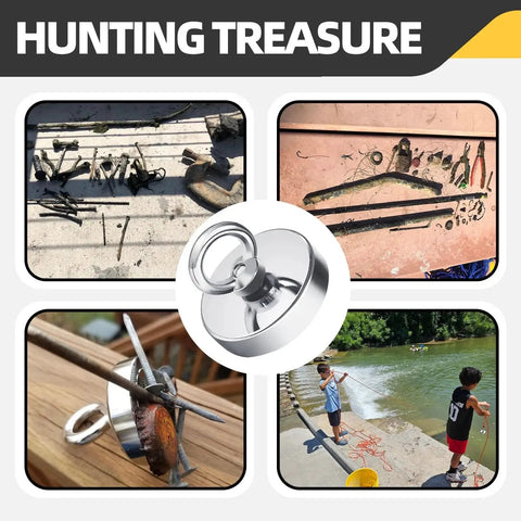 Collage of 60 Mm Fishing Magnet Kit 500 Lb Neodymium Heavy Duty Retriever With 65 Ft Rope in use for treasure hunting.