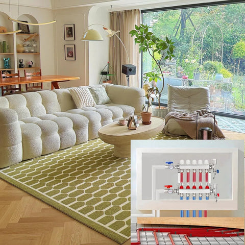 YUFUYEK 5-Branch PEX radiant floor manifold diagram inset; 1/2" tubing, 304 stainless steel, 5-loop hydronic kit
