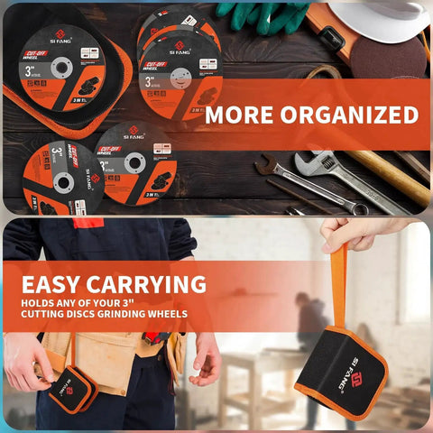 All In One 25 Piece 3 Inch Die Grinder Cut Off Wheel Set with arbors in a pouch, shown organized and being carried.