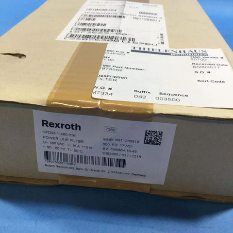 Boxed Single 16 Amp 3-Pole Power-Line Filter 480 VAC 50-60 Hz Industrial EMI/RFI Noise Suppression unit on blue background