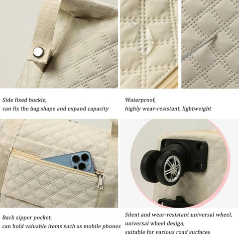 Close-up of Rolling Duffle Bag With Wheels Expandable And Foldable Travel Luggage, featuring fabric texture, pocket, and detachable wheels.