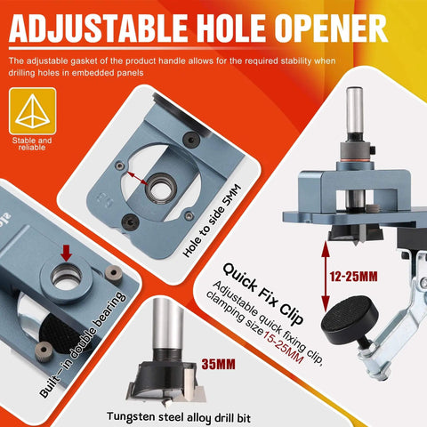 Adjustable hole opener features for All Metal Concealed Hinge Jig With 35Mm Drilling Hole Template Quick Clamp
