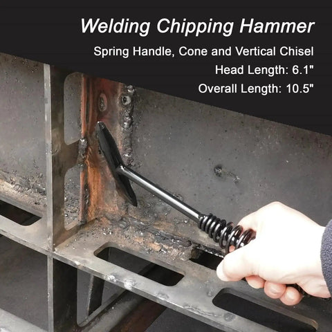 22 Piece Welding Accessories Kit With Chipping Hammer being used on metal surface, spring handle, 10.5 inch length visible