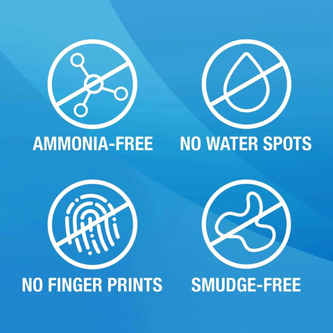 Icons showing features: ammonia-free, no water spots, no fingerprints, smudge-free for Streak Free Glass Cleaning Wipes For Mirrors Windows Kitchen Car 60 Count.