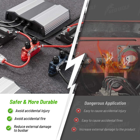 Comparison of safe and risky installation of Beefy Dual Five Sixteenth Inch M8 Stud Bus Bar Power Distribution Block for 12-48V DC Systems 150A Max Battery Terminal Junction for Car Boat Marine Red And Black With Screws Included