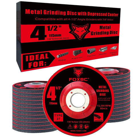 Four And One Half Inch Aluminum Oxide Type Twenty Seven Grinding Discs For Angle Grinders Four And One Half Inch By One Quarter Inch By Seven Eighths Inch Twenty Five Pack Depressed Center Max RPM 13300 For Metal And Stainless Steel, displayed with box packaging.
