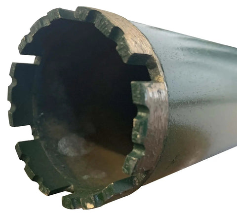 Close-up of Wet Use Diamond Core Drill Bit For Concrete And Stone Two And A Half Inch Notched Edge Segmented Pro Grade by VTXMAX