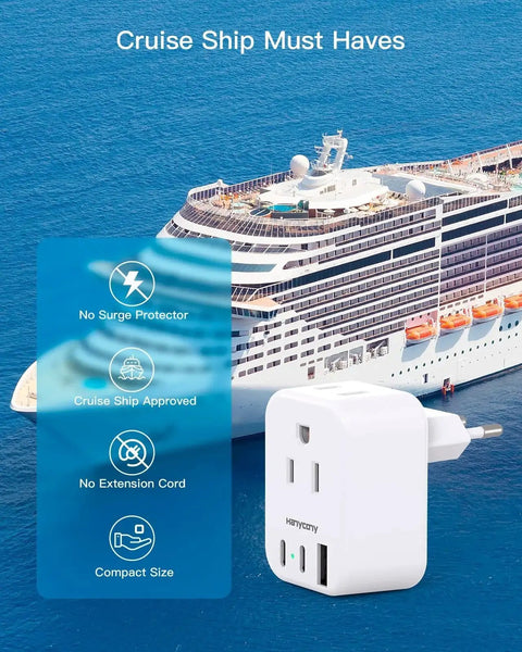 5 In 1 European Travel Plug Adapter With 2 Outlets And 3 USB Ports Type C next to cruise ship image