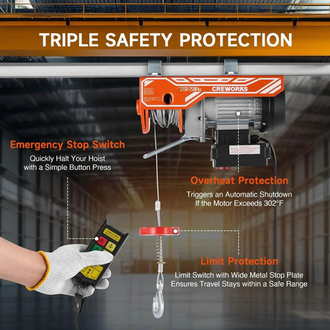 2500Lb Wireless Electric Hoist With Remote 39Ft Lift Height 1800W Ceiling Winch showing safety features with remote control