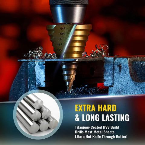 Close-up of a Titanium-Coated HSS Step Drill Bit in use, featuring spiral groove design and twelve sizes for metals and plastic.