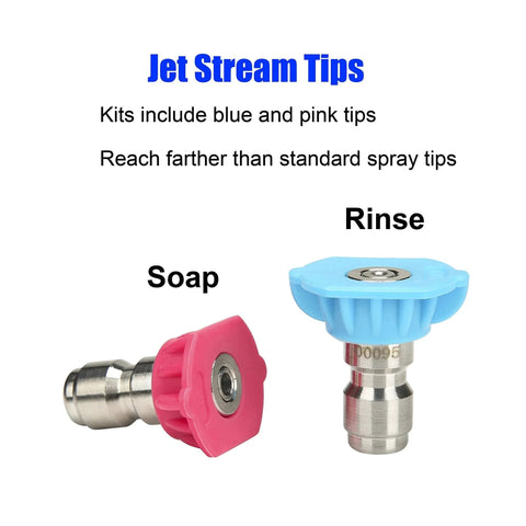 All In One Pressure Washer Accessories Kit With 7 Nozzle Tips And 240 Degree Pivoting Quick Connect Coupler For Quarter Inch Hoses Fits Most Brands Up To 4500 PSI 8 Pack M MINGLE, showing blue and pink jet stream nozzle tips.