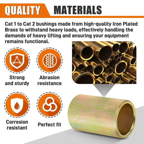 Universal Quick Hitch Lower Lift Arm Bushing Kit For Cat I To Cat II Systems features strong iron plated brass bushings and benefits.