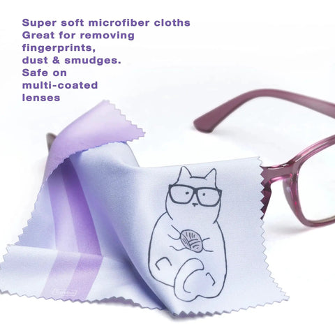 Kitty Cat Design Multicolor Microfiber Cloths for Glasses Sunglasses and Phones with purple eyeglasses and illustrated cat.