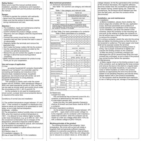 Technical manual pages detailing safety, installation, and technical parameters for Heavy Duty 110V AC 4 Pole Contactor with Four Normally Open Contacts.