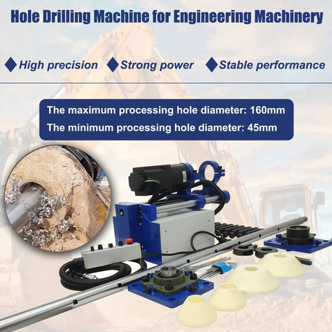 Industrial Line Boring Machine For Engineering Machinery With 45mm To 160mm Hole Diameter And 300mm Travel Built Tough Heavy Duty Precision Hole Drilling Tool With Boring Bar For Excavators Cranes And Loaders 110V shown with accessories and electronic control module.