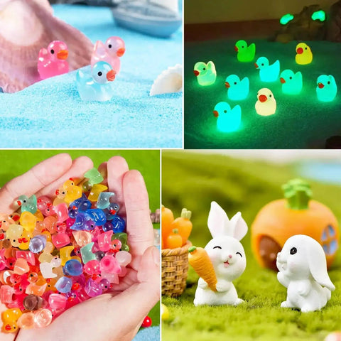 Collage of glow-in-the-dark rubber ducks, mini animal figures, colorful beads in hand, and rabbit figurines on grass.