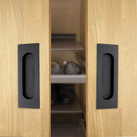 Installed 4.72 Inch Matte Black Recessed Finger Flush Cabinet Pulls by Malimali on wooden closet doors, 2 pack