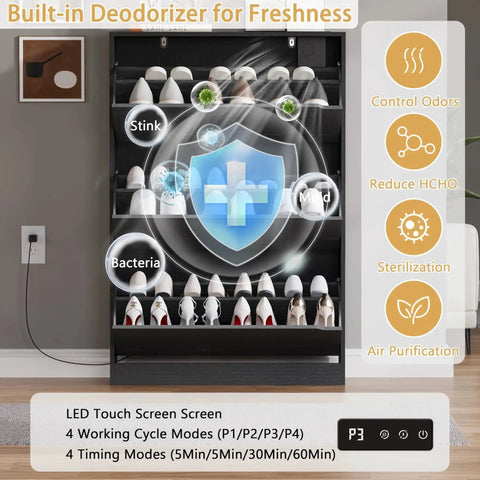 Slim 3-Flip Shoe Storage Cabinet With Odor Control Deodorizer, Back Panels For Stability in black color with shoes displayed.