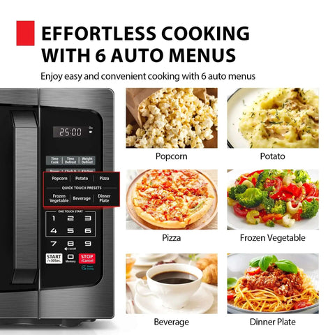 Compact Space Saver 0.9 Cu Ft Microwave Oven With 900W Power, 6 Auto Menus, LED Lighting, display showing preset menu options