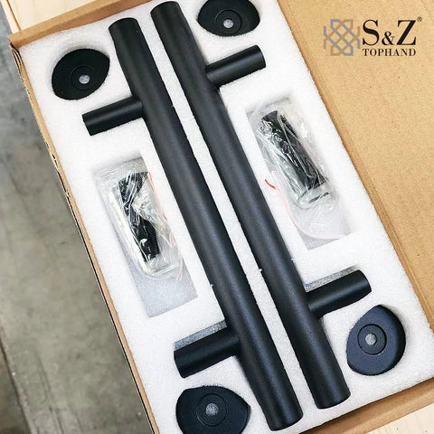 Heavy Duty 12 Inch Sliding Barn Door Handle Set In Black With Powder Coat, Round Pull For 1.38 To 1.75 Inch Doors