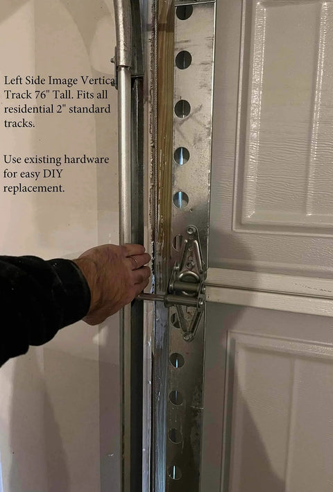 Left side view of heavy duty vertical track rail installed on 8 foot garage door, 76 inch length, made in USA from durable US steel.