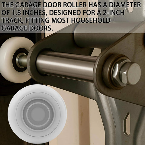 Close-up of 10 Pack 4 Inch Stem 2 Inch White Nylon Garage Door Roller With Protective Sealed Cap Dustproof Ultra Quiet Long Lasting Heavy Duty High Load Capacity Double Sealed Bearings Maintenance Free installed on track system.