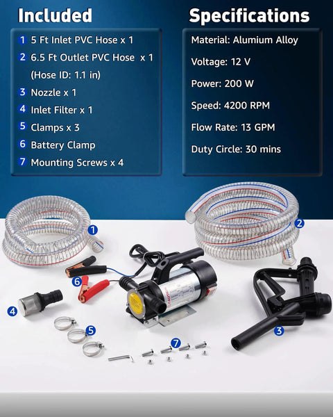 Pro Grade 12V 200W Diesel And Kerosene Electric Fuel Transfer Pump Kit with hoses, nozzle, and accessories for high flow use