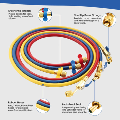 Lichamp A2L refrigerant hose set, 60 in, 3-pack with brass fittings, ball valves, 1/4 in left-handed R454B adapters.