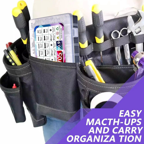 1705-Piece Machine Screw Assortment Kit in tool belt with various tools for fast grab and go repairs, featuring alloy steel components.