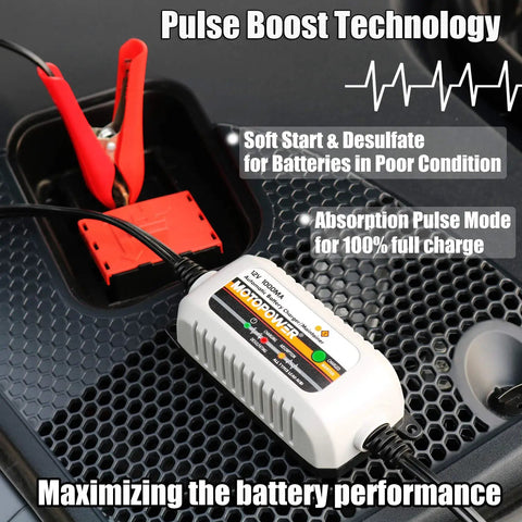 12V Automatic Battery Charger and Maintainer With Desulfator Trickle Charger and Timer Protection For All Lead Acid Batteries Including AGM And Gel Cells Compact And Rugged Grey connected to battery clamps.