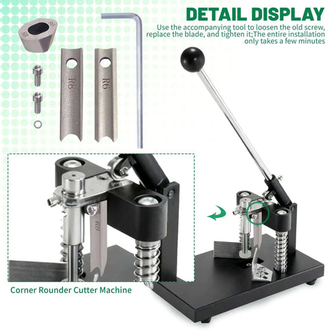 R6mm R8mm Metal Die Blade Replacement Kit for Corner Rounder Cutter Machine with detailed display and assembly tools