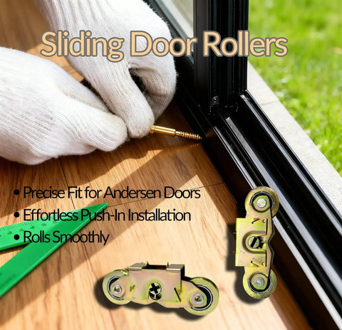 Installation of 2 Pack Sliding Door Rollers For Andersen Patio Doors 1 1/4 Inch Tandem Roller Assembly on wooden floor.