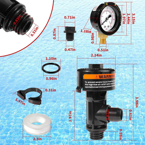 Manual air relief valve with Pentair pressure gauge; black plastic body, orange label, includes O-ring and fittings