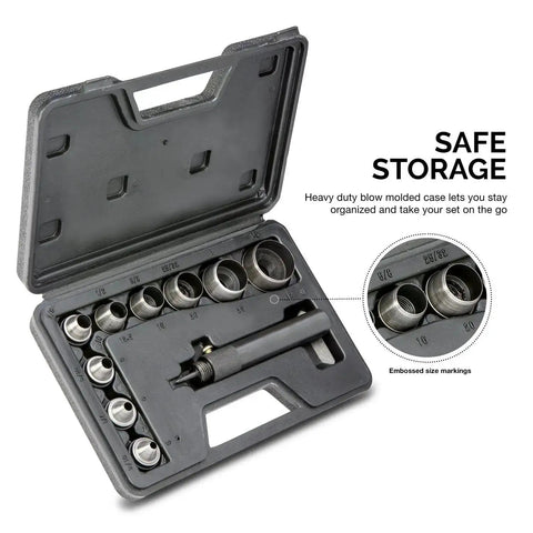 Open carrying case showing Interchangeable Large Hollow Hole Punch Tool Set, 10 Piece for Gasket Making and Leather Punching