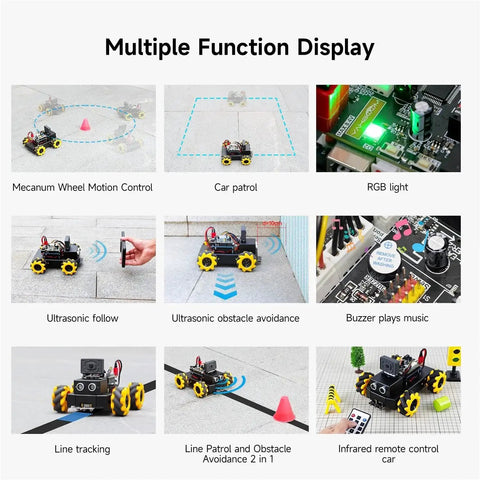 AI Smart Robot Kit With Mecanum Wheel For UNO R3 ESP32 Camera App Control FPV Video displaying multiple functions like obstacle avoidance and line tracking.