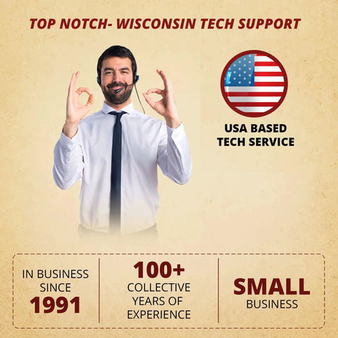 Person in business attire giving an OK gesture; USA flag graphic; text: 'Top Notch - Wisconsin Tech Support, In business since 1991'