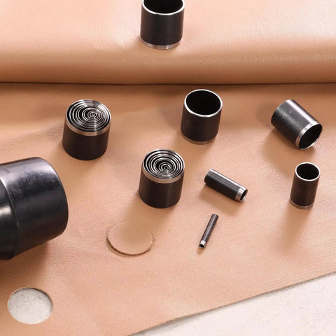 Leather Circle Cutter Tool Set With 25 Pcs Hole Punch Die Carbon Steel Punching Kit for DIY leatherworking projects on leather sheet